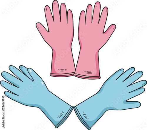CAD drawing flat vector illustration, rubber glove set, cleaning accessory design, protective handwear, cartoon style gloves, household safety gear, front view