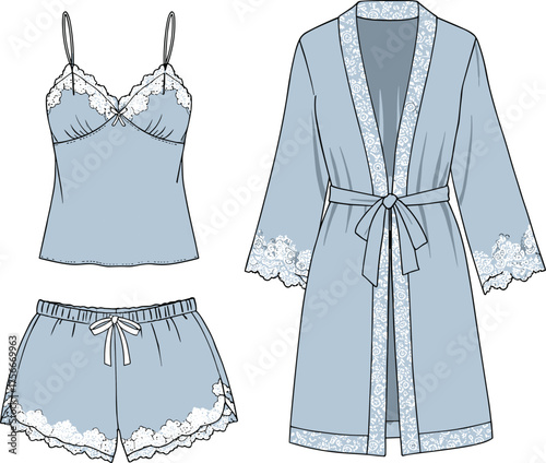 CAD drawing flat vector illustration, women’s sleepwear set, lace trim nightwear, camisole, shorts, robe, fashion design, bedtime outfit, garment sketch
