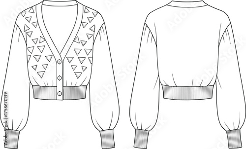 Cardigan sweater fashion sketch, voluminous sleeve garment flat drawing, triangle pattern button front, front back view, cad drawing flat vector illustration