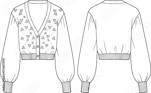 Cardigan sweater fashion sketch, geometric pattern garment flat drawing, voluminous sleeve button front, front back view, cad drawing flat vector illustration