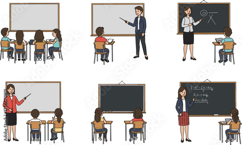 Classroom illustration, teacher and student, education scene, chalkboard interaction, learning environment, school desk, math lesson, teaching moment, academic setting, classroom activity