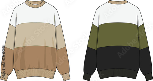 Color block sweatshirt front and back view, fashion flat sketch, casual wear design, ribbed cuffs and hem, CAD drawing vector illustration