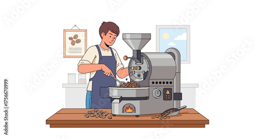 Coffee Roaster Vector Illustration with Man and Equipment Modern Design