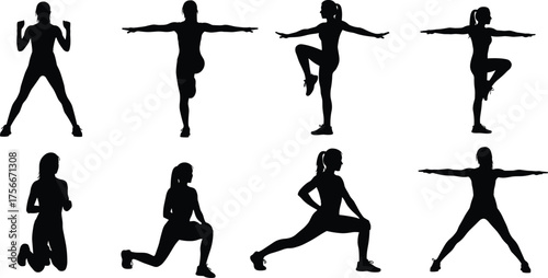 Silhouette of women exercising, fitness poses, yoga balance, stretching workout, female athlete training, healthy lifestyle, body movement, gym exercise, vector illustration