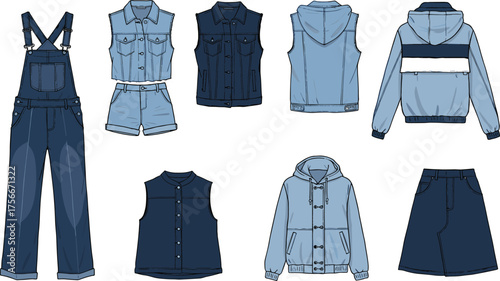 Denim and outerwear illustration, jackets, vests, shirts, shorts, skirt, overalls, fashion flat sketch, garment lineup, cad drawing flat vector illustration