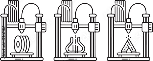 3D Printer and Printing Process Icon Set – Filament, Frame, and Printed Object Outline