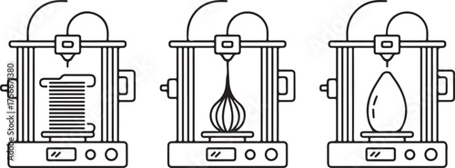 3D Printer and Printing Process Icon Set – Filament, Frame, and Printed Object Outline
