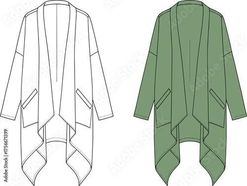 Draped cardigan technical sketch, front and back view, asymmetrical hemline, patch pockets, open front design, fashion flat vector illustration