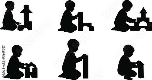 Silhouette of young children playing with building blocks, educational toy concept, early learning and creative development in preschool kids