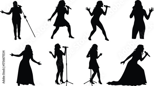 Silhouette of women singing with microphone, female singer performing on stage, concert music performance, artist illustration, vocal talent vector design