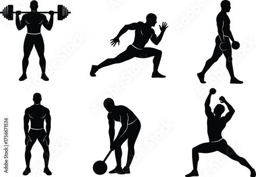 Fitness silhouette, strength training, workout poses, barbell squat, dumbbell lift, medicine ball exercise, athletic figure, gym routine, muscle workout, exercise form