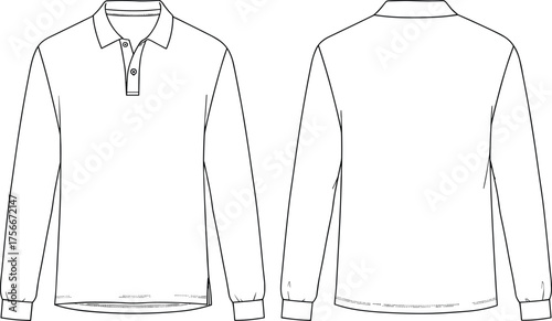 Long sleeve polo shirt sketch, three-button placket garment flat drawing, classic collar fashion template, front back view, cad drawing flat vector illustration