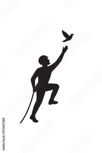 Black silhouette of a person reaching for a bird vector