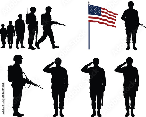 Military silhouette, soldier illustration, patriotic scene, U.S. flag, armed forces, rifle pose, salute gesture, national pride, troop formation, defense duty