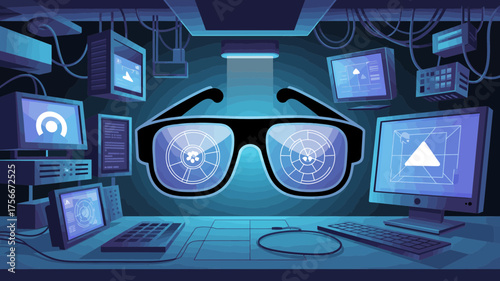 A futuristic laboratory environment with augmented reality glasses surrounded by computer screens