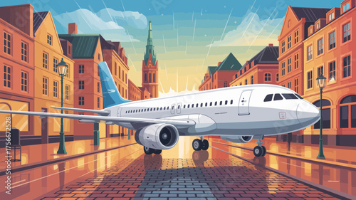 A large passenger airplane parked on a European city street with buildings and a church