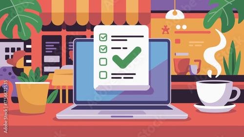 A laptop displaying a checklist with a green checkmark, coffee cup, and a cafe background