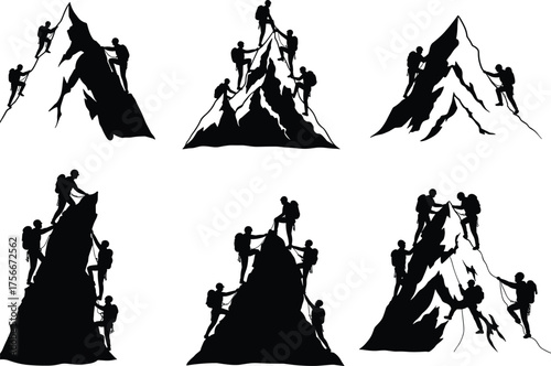 Mountain climbing silhouette, teamwork illustration, outdoor adventure, peak ascent, hiking group, mutual support, climbing gear, mountain challenge, strength, perseverance, alpine journey