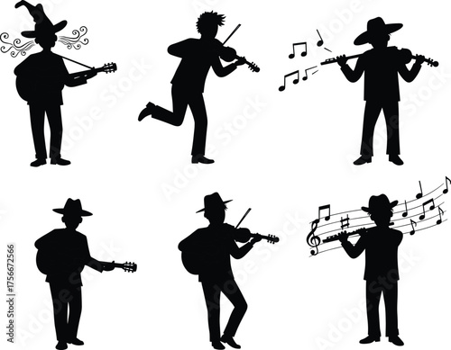 Musician silhouette, string instruments, guitar player, violinist pose, musical notes, artistic performance, dynamic stance, music expression, creative style, live concert illustration