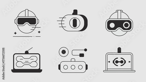 Black and white virtual reality and technology icons in a flat design style on gray background