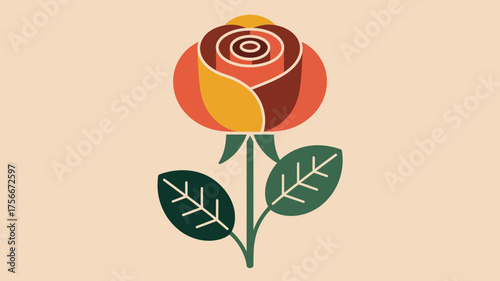 Beautiful stylized illustration of a rose flower in full bloom with green leaves and stem.
