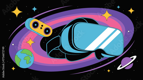 Colorful illustration of a virtual reality headset, space, and cosmic elements in a flat design.