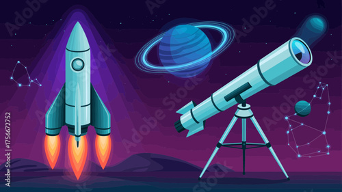 Colorful illustration of a rocket ship launching into space with a telescope observing planets