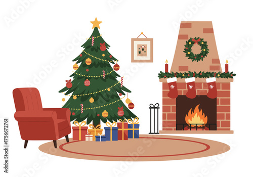 Cozy Christmas Living Room Decor with Xmas Tree, Burning Fireplace, Red Armchair, and Stacked Presents 