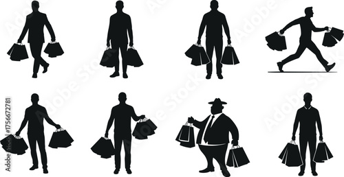 Silhouette of men carrying shopping bags, male shoppers walking with purchases, retail shopping concept, consumer lifestyle, black vector illustration design