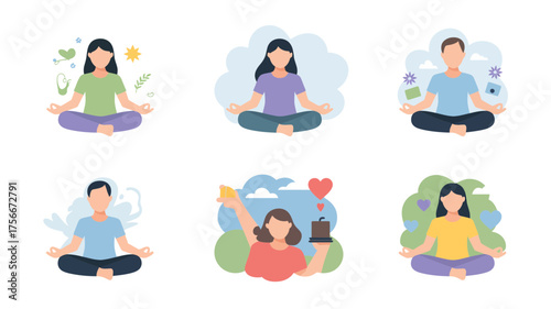 Colorful illustrations of people meditating in different styles with various surrounding elements