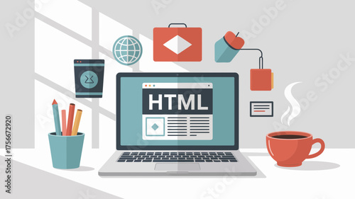 Flat vector illustration of a laptop with the HTML logo and related objects on a desk