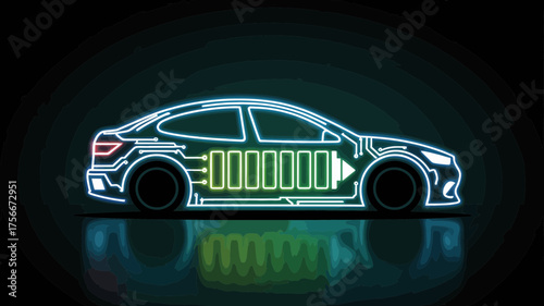 Futuristic neon style electric car with battery charging indicator on a dark background