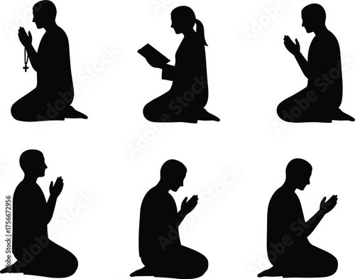 Prayer silhouette, meditation pose, spiritual practice, kneeling figure, religious devotion, rosary prayer, faith expression, worship posture, contemplative moment, peaceful reflection