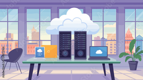 Illustration of a modern office environment with cloud computing and server infrastructure