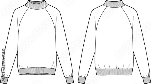 Raglan sleeve sweatshirt technical sketch, front and back view, ribbed neckline cuffs and hem, diagonal seams, fashion flat vector illustration