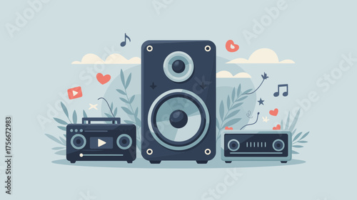 Illustration of a music setup featuring speakers, radio, and audio receiver with musical notes