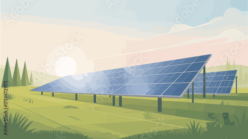 Illustration of a solar panel farm generating clean energy from the bright sunshine in the countryside