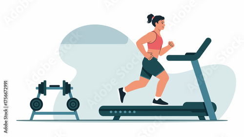 Illustration of a woman running on a treadmill in a gym setting with dumbbells in the background
