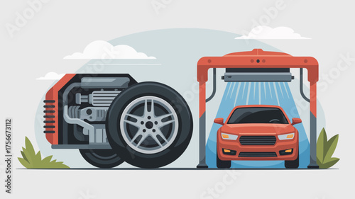 Vector illustration of a car being washed at a car wash with an engine diagram.