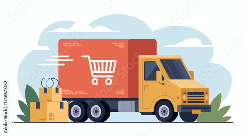 Vector illustration of a delivery truck with packages and shopping cart symbol on the side