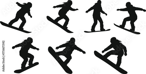 Silhouette of snowboarder jumping in action, winter sport, snowboarding performance, extreme athlete, mountain adventure, cold weather activity, vector illustration