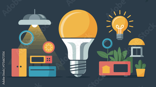 Vector illustration of an illuminated light bulb surrounded by home interior elements