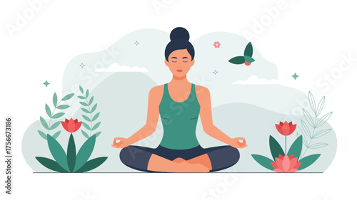 Woman meditating in lotus position surrounded by flowers in a serene and peaceful environment