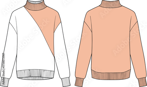 Sweater fashion sketch, color block garment flat drawing, ribbed neckline cuffs hem, front back view, cad drawing flat vector illustration