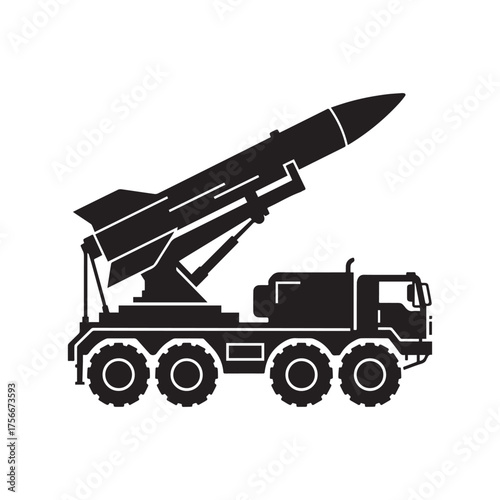  Mobile Missile Launcher Silhouette On White Background. 
