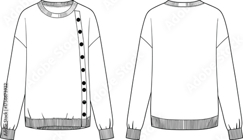 Sweatshirt technical sketch, front and back view, asymmetrical button placket, ribbed neckline cuffs and hem, fashion flat vector illustration