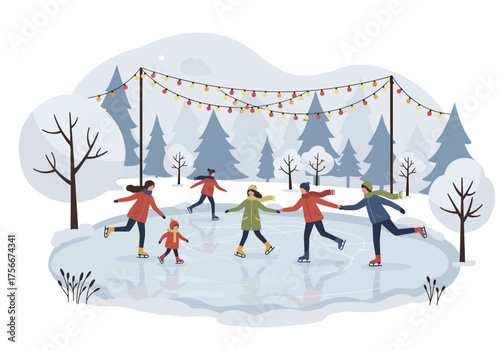Happy Family Ice Skating on an Outdoor Rink Surrounded by Trees and Christmas Decorative Lights 