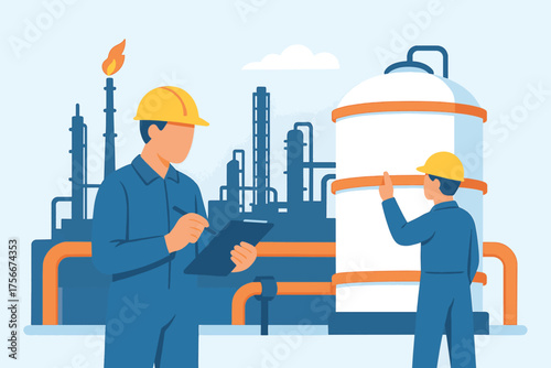 Oil refinery scene, workers inspecting tanks