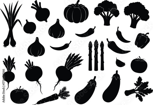 Vegetable silhouette set, farm produce icons, organic food, root crops, leafy greens, kitchen ingredients, healthy eating, black veggie shapes, garden harvest