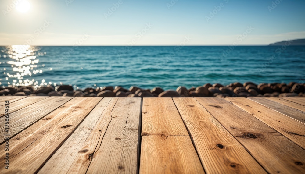 Fototapeta premium Wooden deck overlooking the sea, with sunlight reflecting on the water
